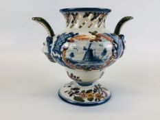 AN UNUSUAL GLAZED DELFT STYLE TWO HANDLED URN / VASE MARKED MAXKUM 442 RR. H 19CM.