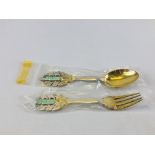 ANTON MICHELSEN SILVER & GILT ENAMELED COLLECTORS SPOON & FORK