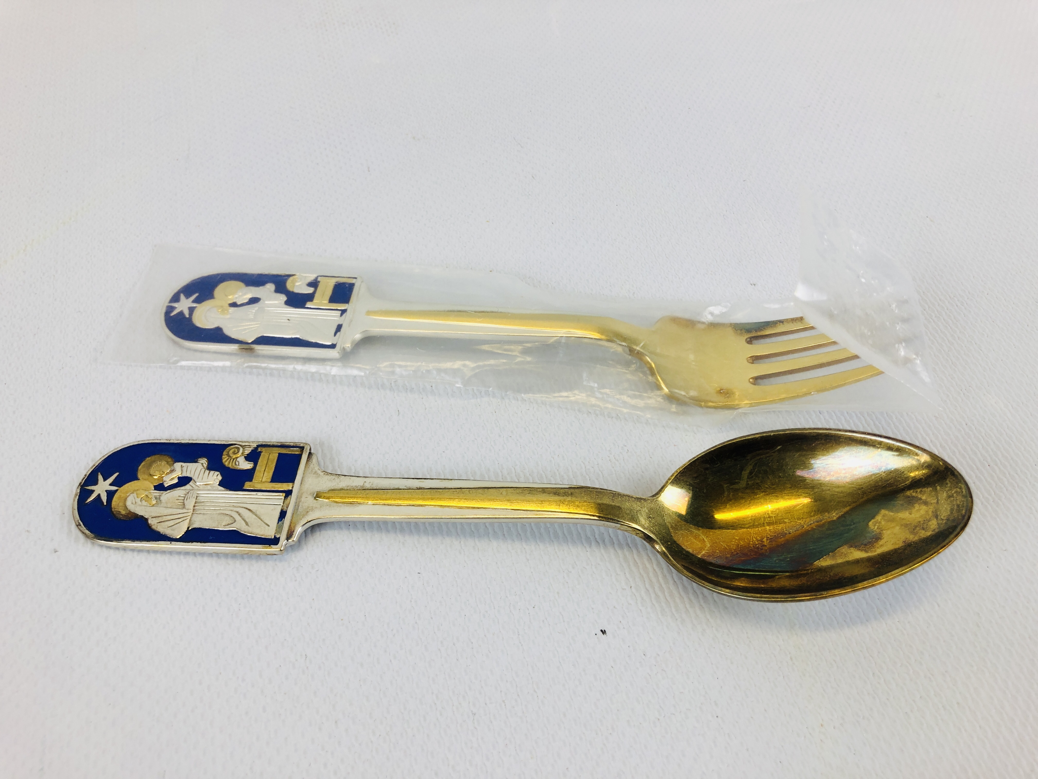 ANTON MICHELSEN SILVER & GILT ENAMELED COLLECTORS SPOON & FORK JULY 1934