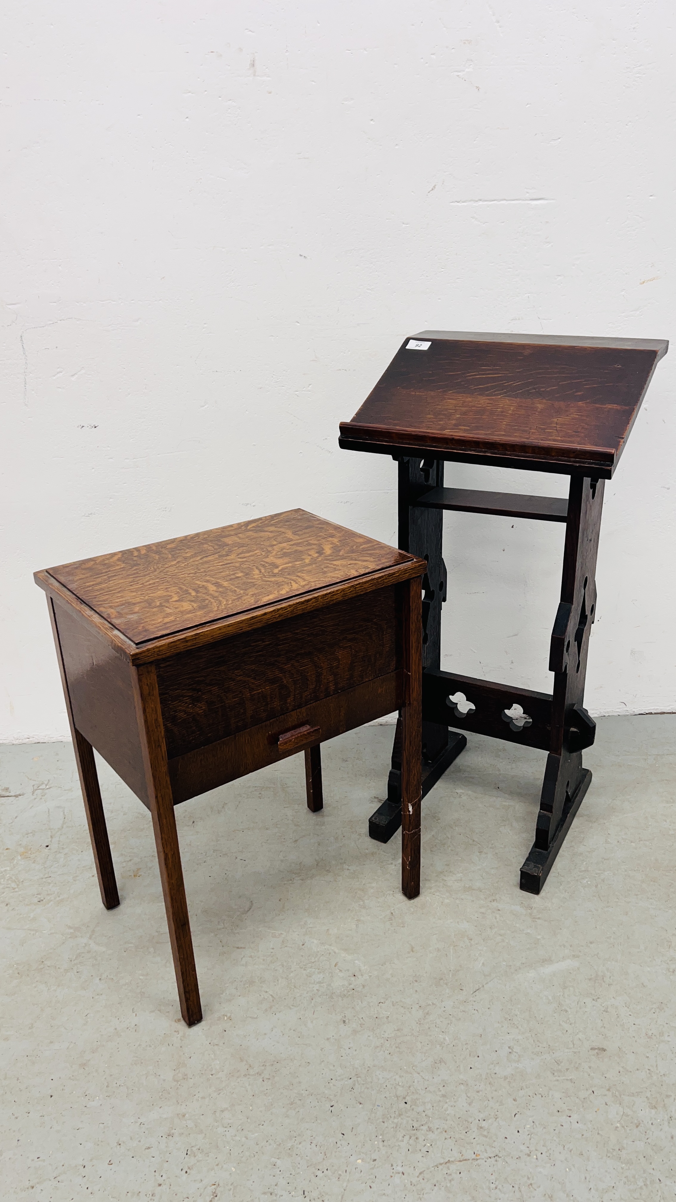 A VINTAGE SEWING BOX ALONG WITH A VINTAGE OAK BIBLE STAND.