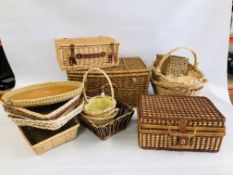 A COLLECTION OF 12 WICKER BASKETS AND HAMPERS ALONG WITH A FURTHER INCOMPLETE PICNIC HAMPER.