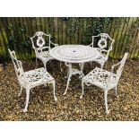 A CAST ALUMINIUM WHITE PAINTED GARDEN TABLE D 80CM ALONG WITH FOUR CHAIRS ON BALL AND CLAW FEET.