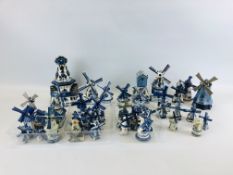 AN EXTENSIVE COLLECTION OF APPROX 43 DELFT WINDMILLS TO INCLUDE MINIATURE AND MUSICAL EXAMPLES.