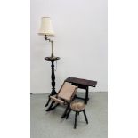 A GROUP OF FURNITURE TO INCLUDE A VINTAGE GOUT STOOL, OAK MILKING STOOL, MAHOGANY FINISH TORCHE,