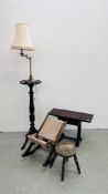 A GROUP OF FURNITURE TO INCLUDE A VINTAGE GOUT STOOL, OAK MILKING STOOL, MAHOGANY FINISH TORCHE,