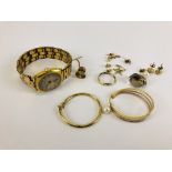 A COLLECTION OF YELLOW METAL & 9CT GOLD STUD & HOOP EARRINGS, RING & PENDANT ETC.