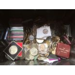 TUB OF MIXED LOOSE COINS, UK AND OVERSEAS, CROWNS IN CASES, ALSO TWO METAL CASH TINS.