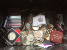 TUB OF MIXED LOOSE COINS, UK AND OVERSEAS, CROWNS IN CASES, ALSO TWO METAL CASH TINS.