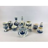 A COLLECTION OF ASSORTED DELFT WARES TO INCLUDE A PAIR OF BEAKERS, VASES AND GINGER JARS ETC.