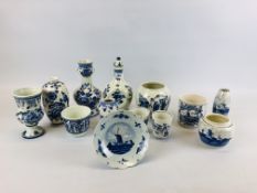 A COLLECTION OF ASSORTED DELFT WARES TO INCLUDE A PAIR OF BEAKERS, VASES AND GINGER JARS ETC.