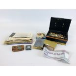 BOX OF ASSORTED COINAGE AND BANKNOTES ALONG WITH EPHEMERA, POSTCARDS ETC.