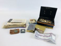 BOX OF ASSORTED COINAGE AND BANKNOTES ALONG WITH EPHEMERA, POSTCARDS ETC.