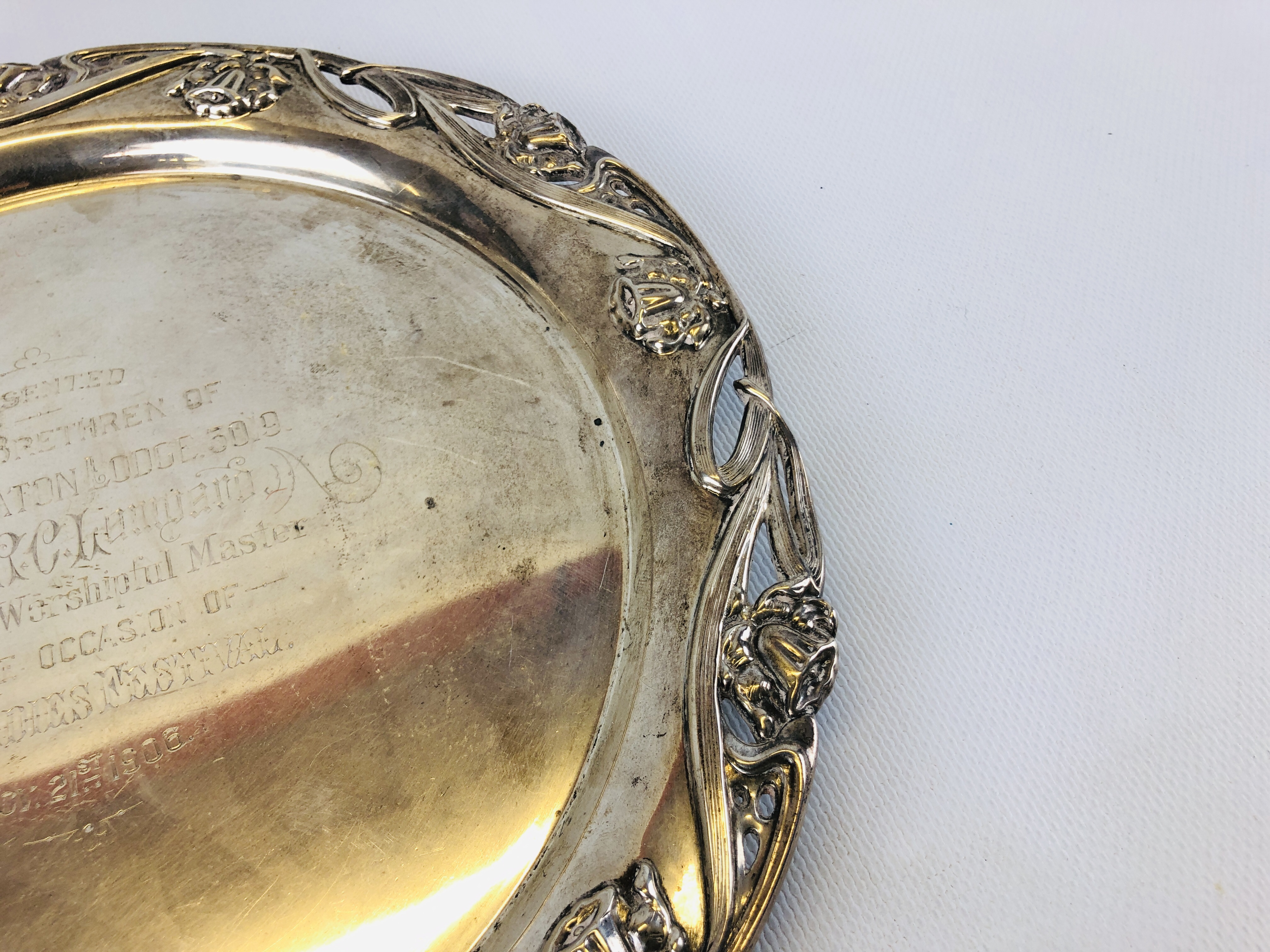 SILVER SALVER PEARCE BORDER AND ENGRAVED WILLIAM HUTTON AND SON SHEFFIELD 1905. - Image 8 of 11