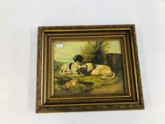 AN OIL ON CANVAS OF HUNTING DOGS IN FIELD SIGNED W.H.
