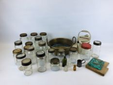 A BOX OF ASSORTED VINTAGE 'KILNER' JARS, A TWO HANDLED BRASS JAM PAN AND A VINTAGE HOT WATER KETTLE,