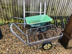 WHEELBARROW, GARDEN TROLLEY AND A LOG CUTTING STAND.