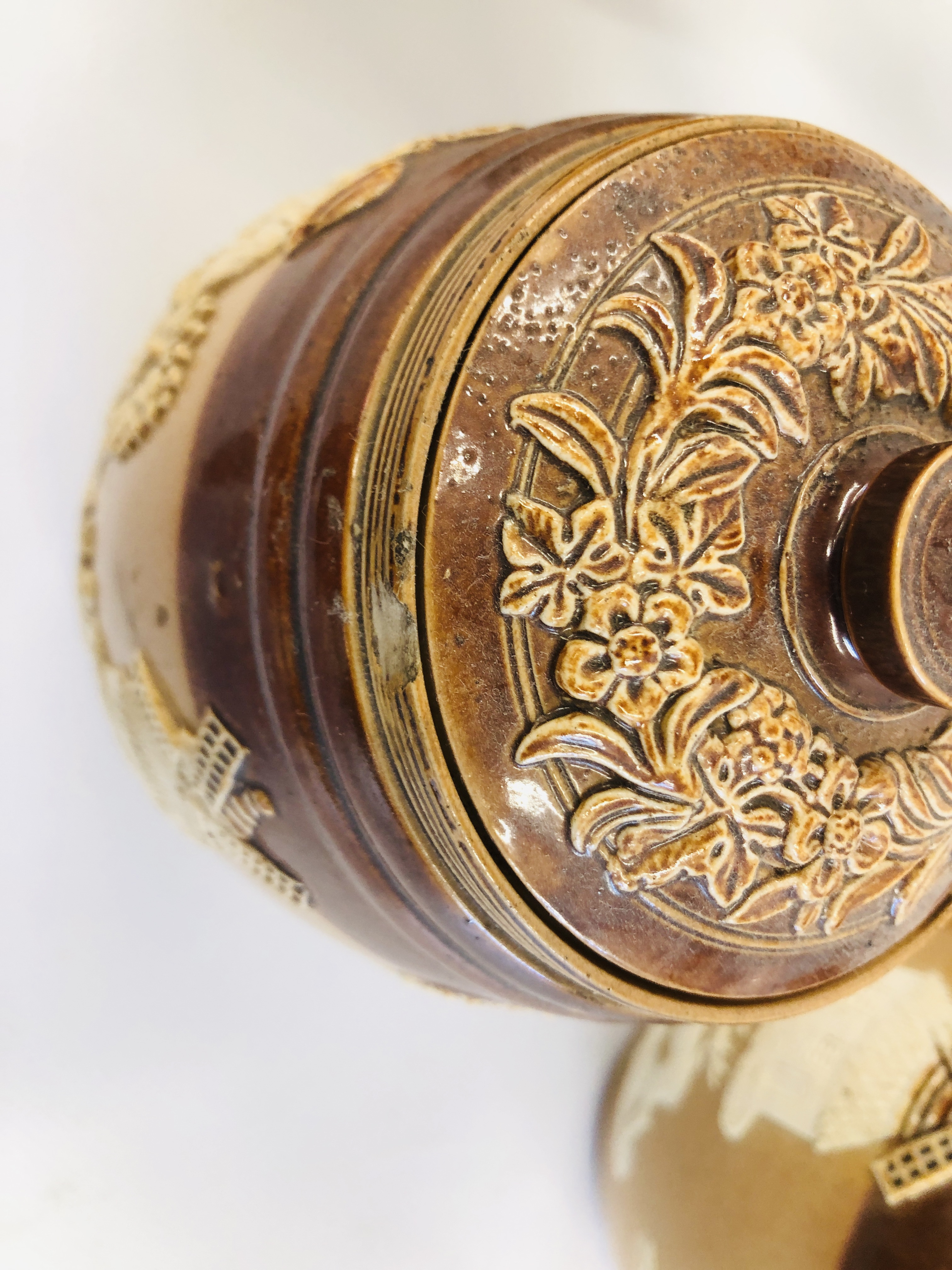 FOUR PIECES DOULTON TO INCLUDE TWO TEA POTS, TOBACCO JAR AND SILVER RIMMED BEAKER A/F. - Image 7 of 7