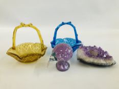 TWO ART GLASS BASKETS AND A KIWI PAPERWEIGHT AND AN AMETHYST CANDLE HOLDER.