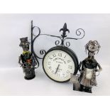 A REPRODUCTION GARDEN CLOCK ON BRACKET MOUNT AND TWO METAL CRAFT WINE BOTTLE HOLDERS (BOTTLES