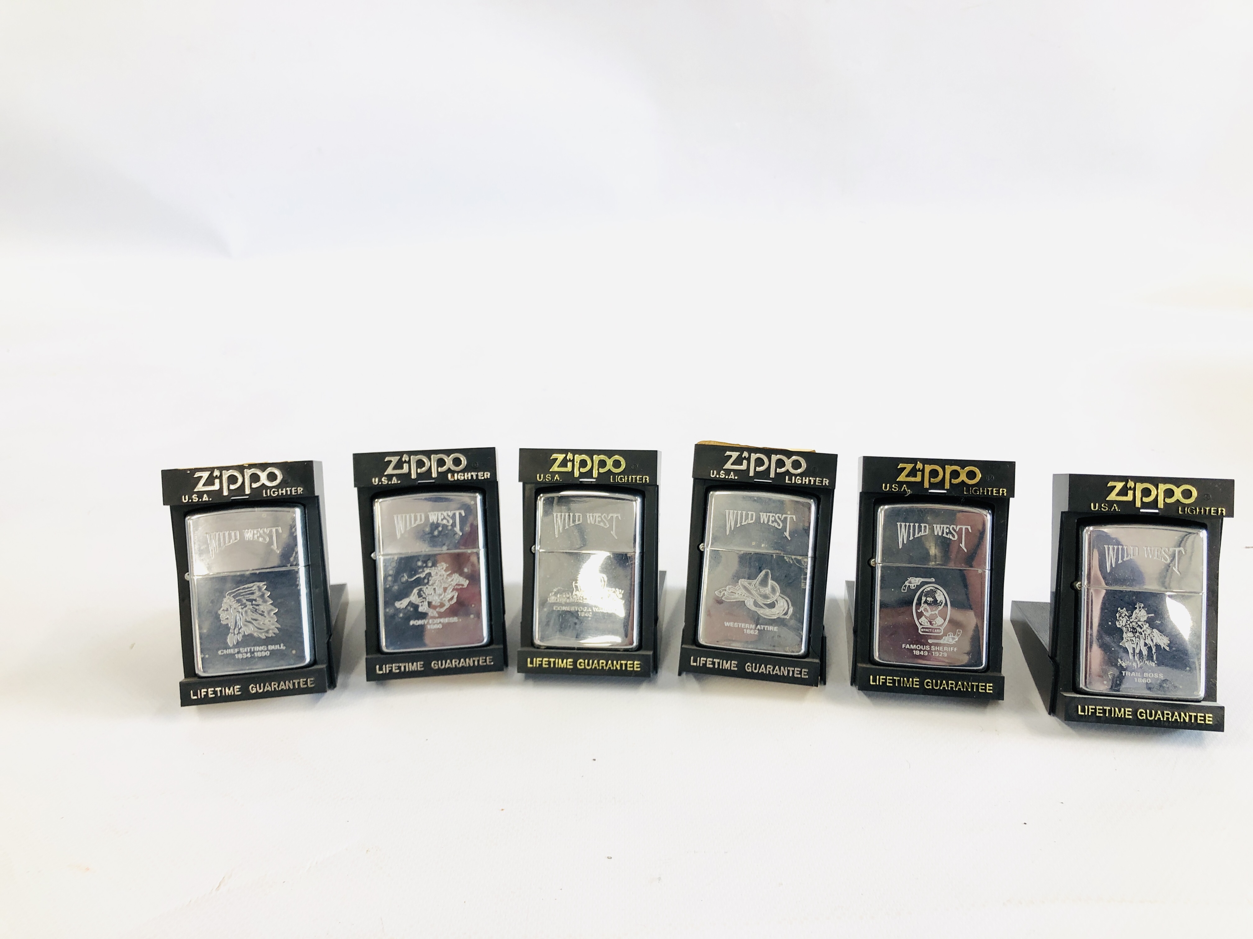 6 X CASED ZIPPO LIGHTERS "WILD WEST" COLLECTION INCLUDING PONY EXPRESS 1860, TRIAL BOSS 1860,