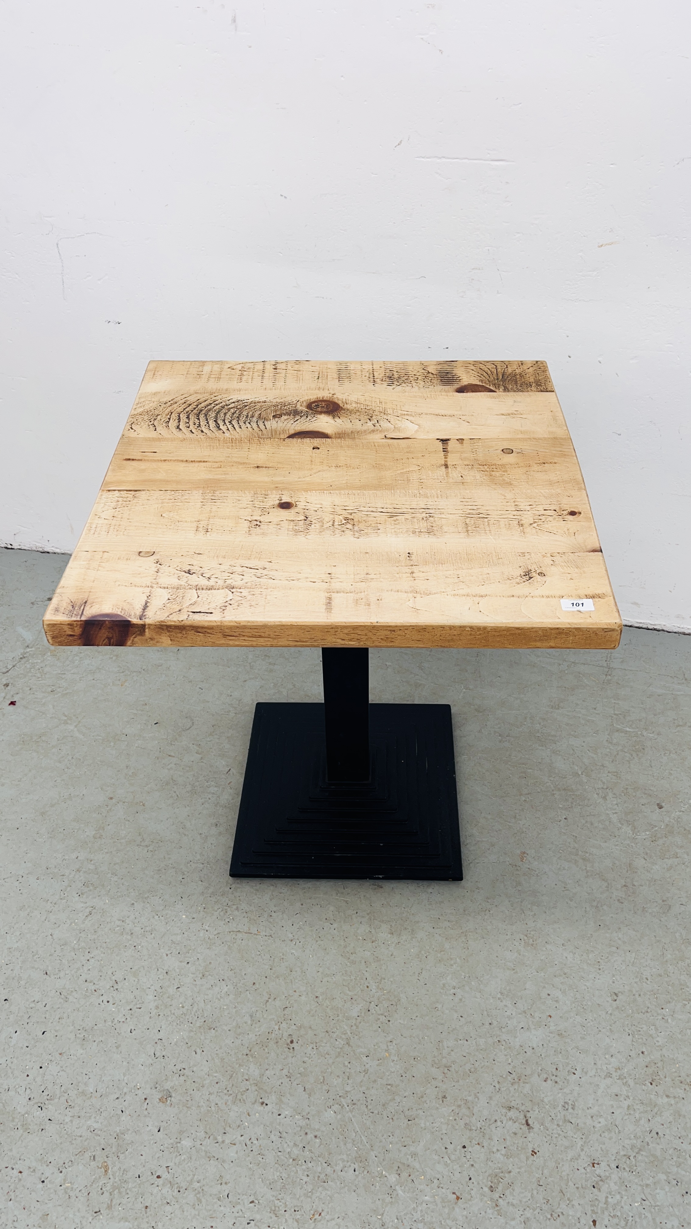 PEDESTAL BISTRO TABLE CAST BASE WITH WAXED PINE TOP - 70CM X 70CM. - Image 2 of 8