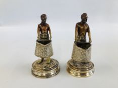 A PAIR OF ANTIQUE ORIENTAL WHITE METAL FIGURES HOLDING LARGE BASKETS ONE MARKED L.C. H 13CM.