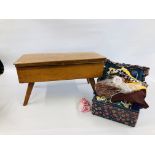 A MID CENTURY SPLAYED LEG WORK CHEST FILLED WITH SEWING ACCESSORIES AND FABRICS ALONG WITH A