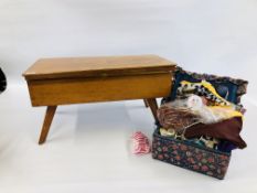 A MID CENTURY SPLAYED LEG WORK CHEST FILLED WITH SEWING ACCESSORIES AND FABRICS ALONG WITH A