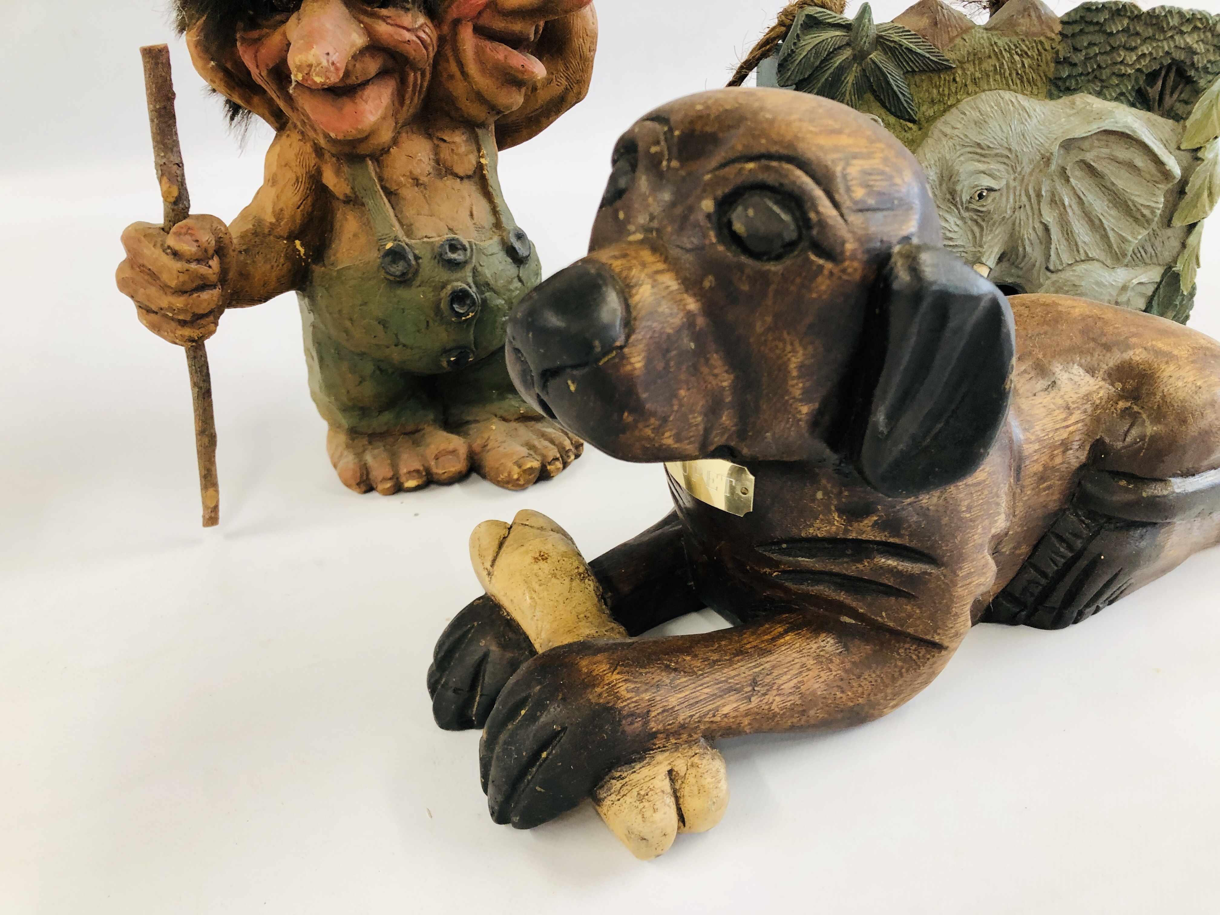 A TROLL SCULPTURE, HARDWOOD DOG & BONE PAINTED CARVED BIRD BOX. - Image 2 of 5