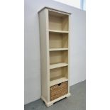 MODERN WHITE FINISH FULL HEIGHT OPEN BOOKSHELF WITH BASKET DRAWER TO BASE - W 60CM X D 30CM X H