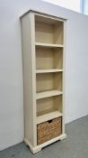 MODERN WHITE FINISH FULL HEIGHT OPEN BOOKSHELF WITH BASKET DRAWER TO BASE - W 60CM X D 30CM X H