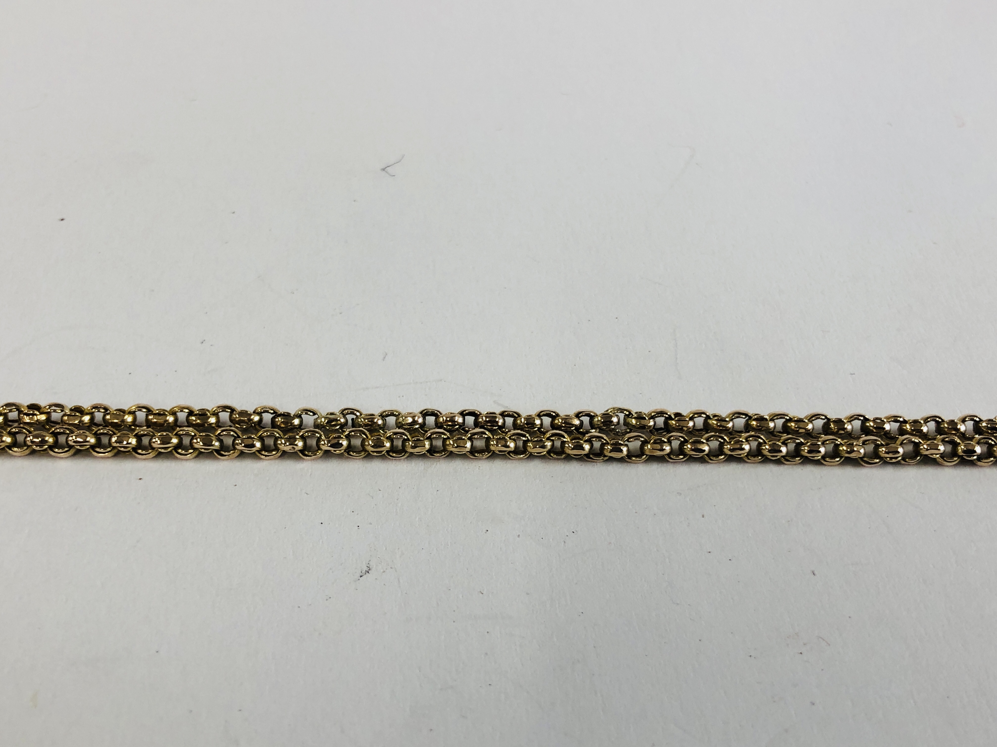 AN ANTIQUE 9CT GOLD FANCY LINK LONG GUARD CHAIN - 156CM. - Image 8 of 14