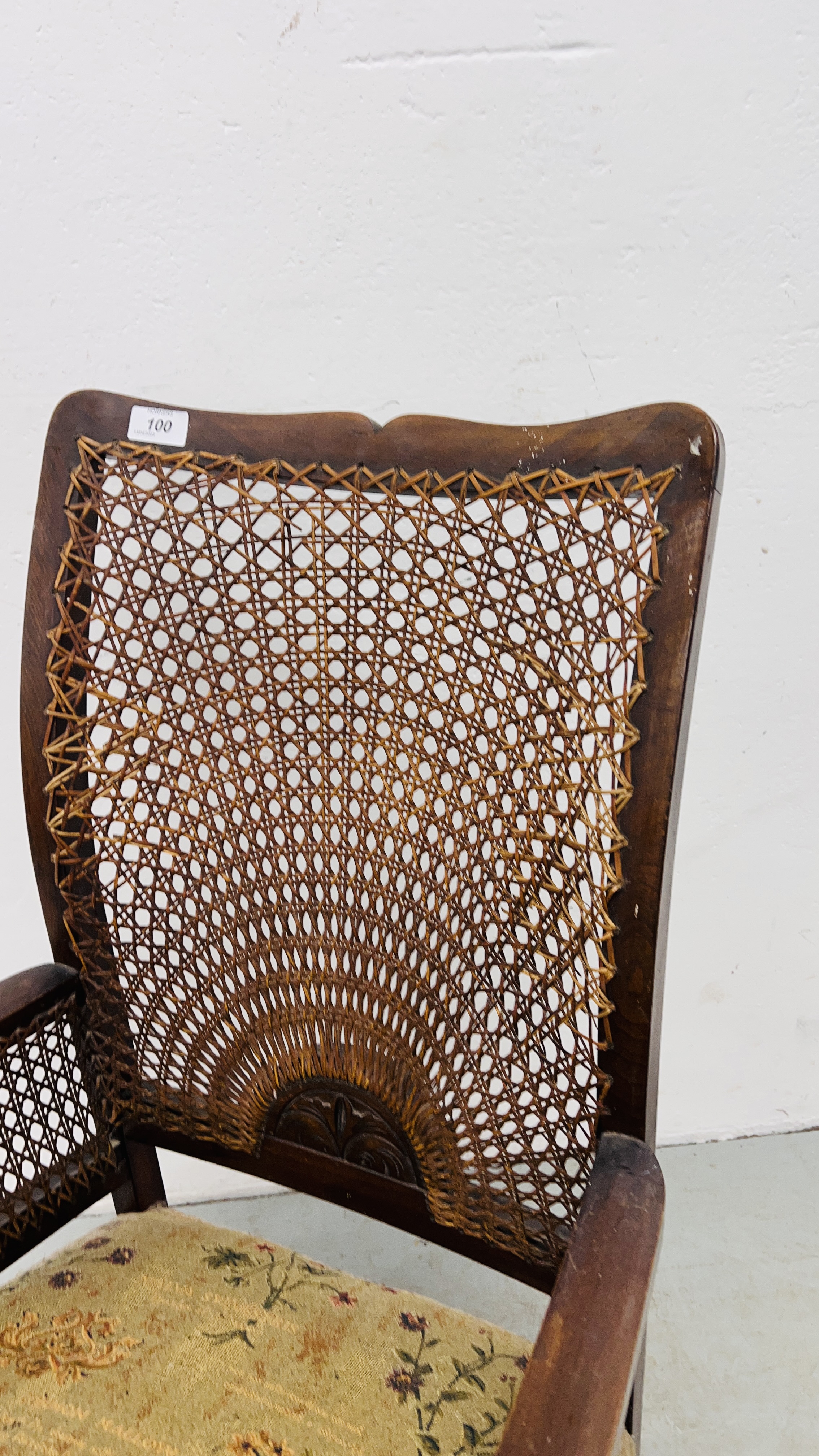 A 1920'S LOW SEAT EASY CHAIR WITH BERGERE WORK TO BACK AND ARMS. - Image 2 of 6