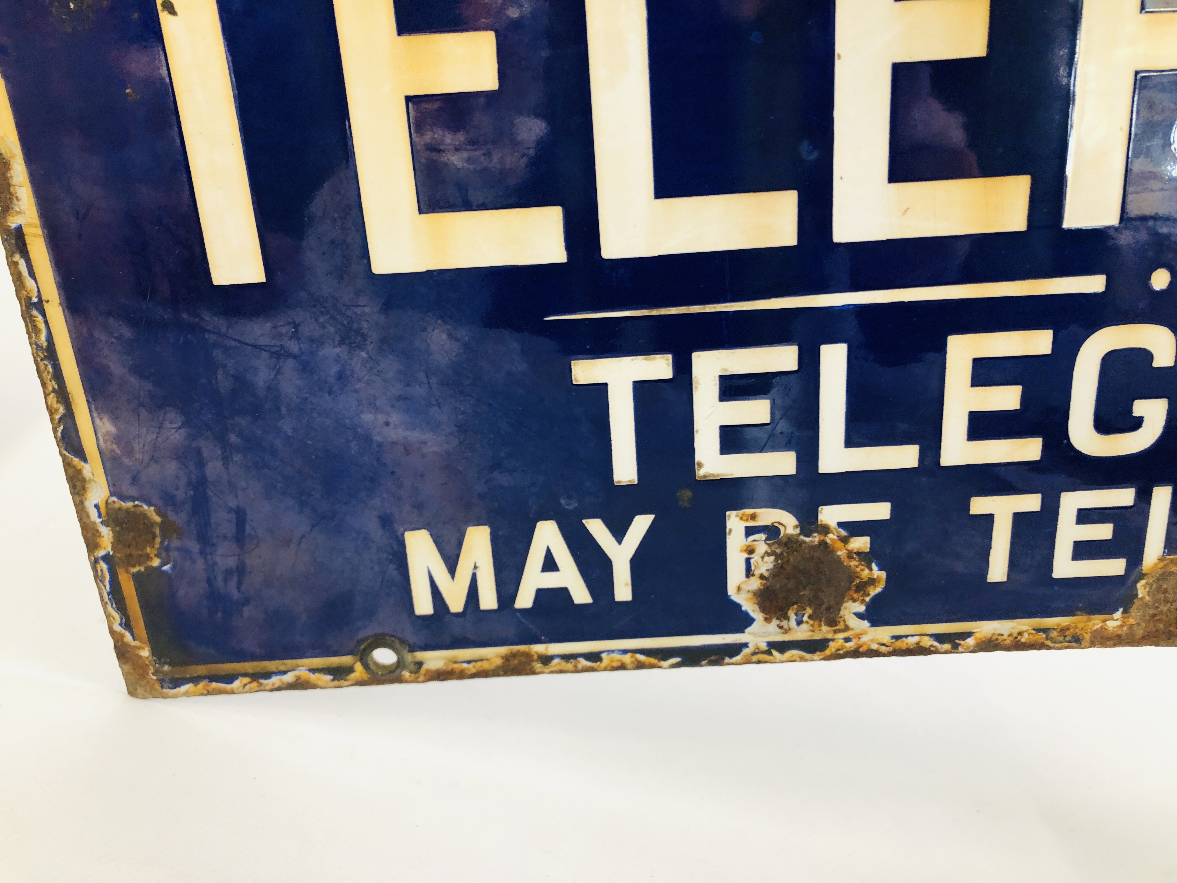A VINTAGE ENAMELED TELEPHONE SIGN MOUNTED IN WALL BRACKET "TELEPHONE, - Image 12 of 12