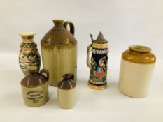 THREE STONEWARE FLAGONS AND A LARGE JAR + A LARGE GLAZED STONEWARE STEIN AND A VINTAGE SATSUMA VASE.