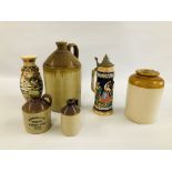 THREE STONEWARE FLAGONS AND A LARGE JAR + A LARGE GLAZED STONEWARE STEIN AND A VINTAGE SATSUMA VASE.