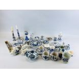 AN EXTENSIVE COLLECTION OF DELFT WARES IN TWO BOXES CONTAINING VARIOUS CANDLE STICKS,