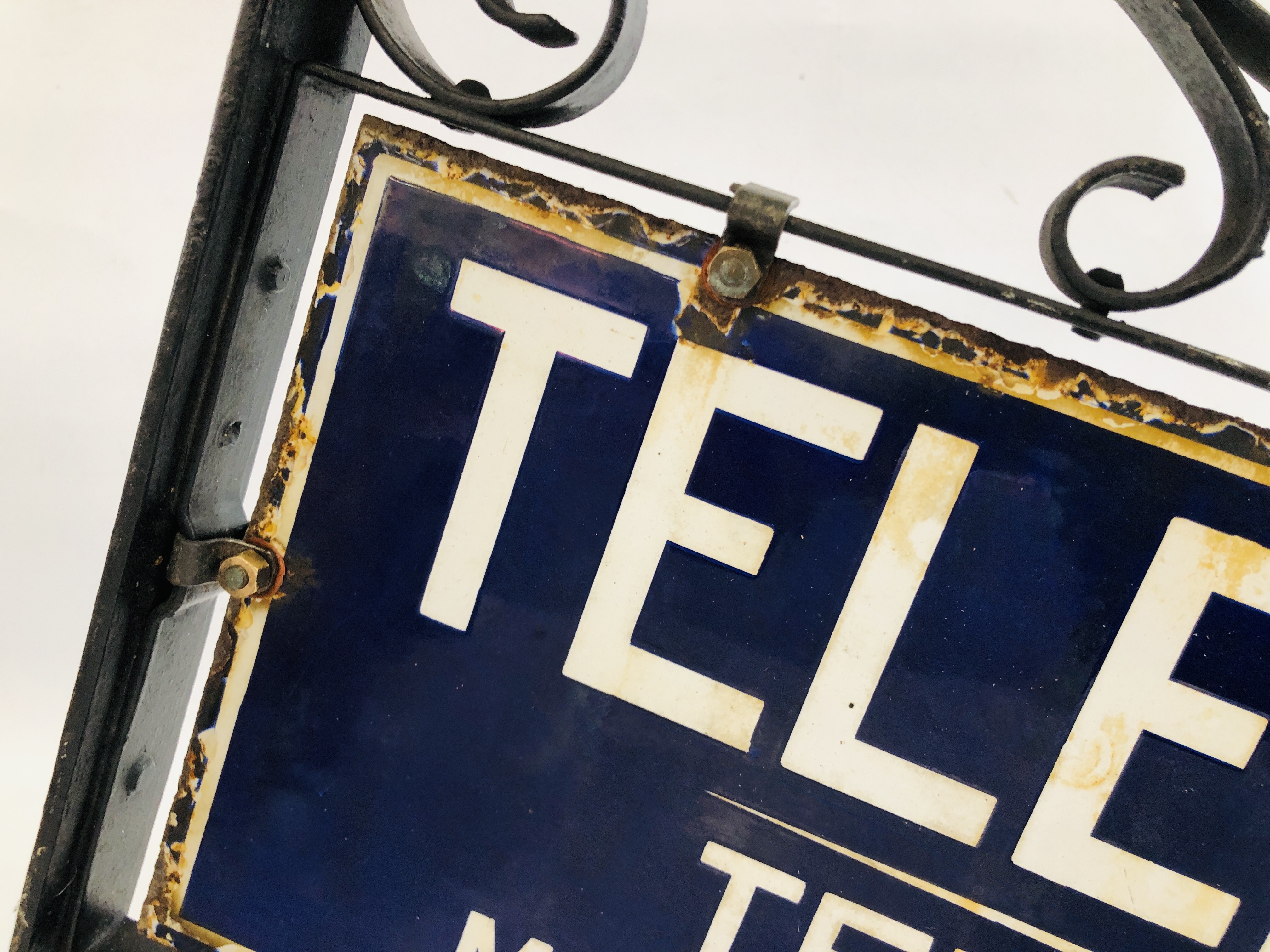 A VINTAGE ENAMELED TELEPHONE SIGN MOUNTED IN WALL BRACKET "TELEPHONE, - Image 3 of 12