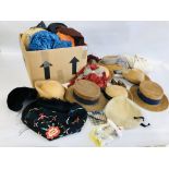 AN EXTENSIVE COLLECTION OF VINTAGE HATS IN TWO BOXES TO INCLUDE STRAW, FEATHER DECORATED ETC.