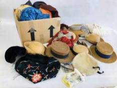 AN EXTENSIVE COLLECTION OF VINTAGE HATS IN TWO BOXES TO INCLUDE STRAW, FEATHER DECORATED ETC.