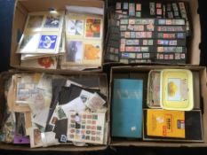 FOUR LARGE BOXES WITH A VAST ACCUMULATION GB AND OTHER STAMPS, COVERS, PHQ AND POSTCARDS,