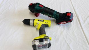 A PARKSIDE CORDLESS DISK GRINDER AND RYOBI CORDLESS DRILL (NO CHARGER) - SOLD AS SEEN.