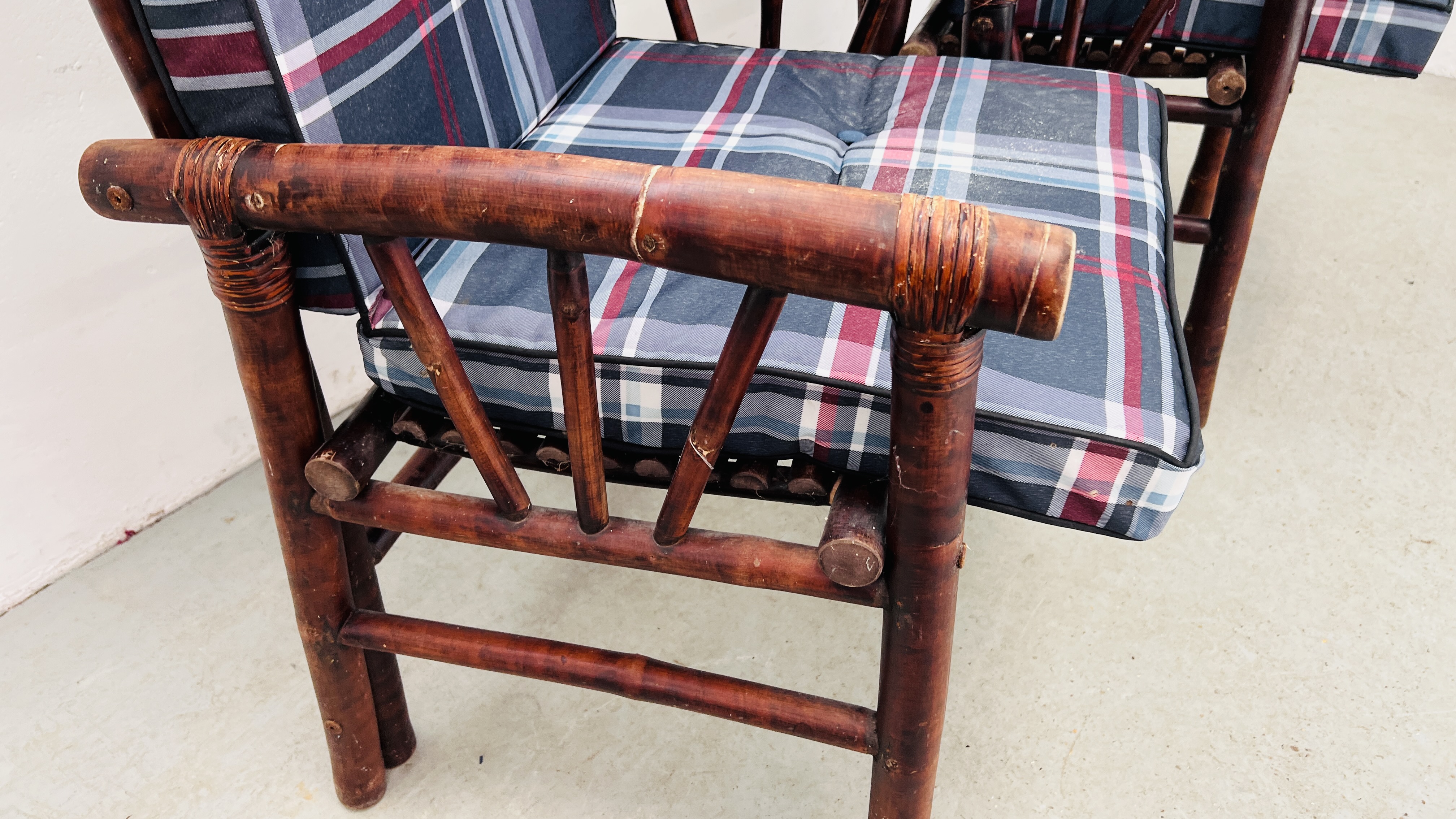 A PAIR OF BAMBOO ARMCHAIRS WITH CHECKED CUSHIONS. - Image 7 of 8