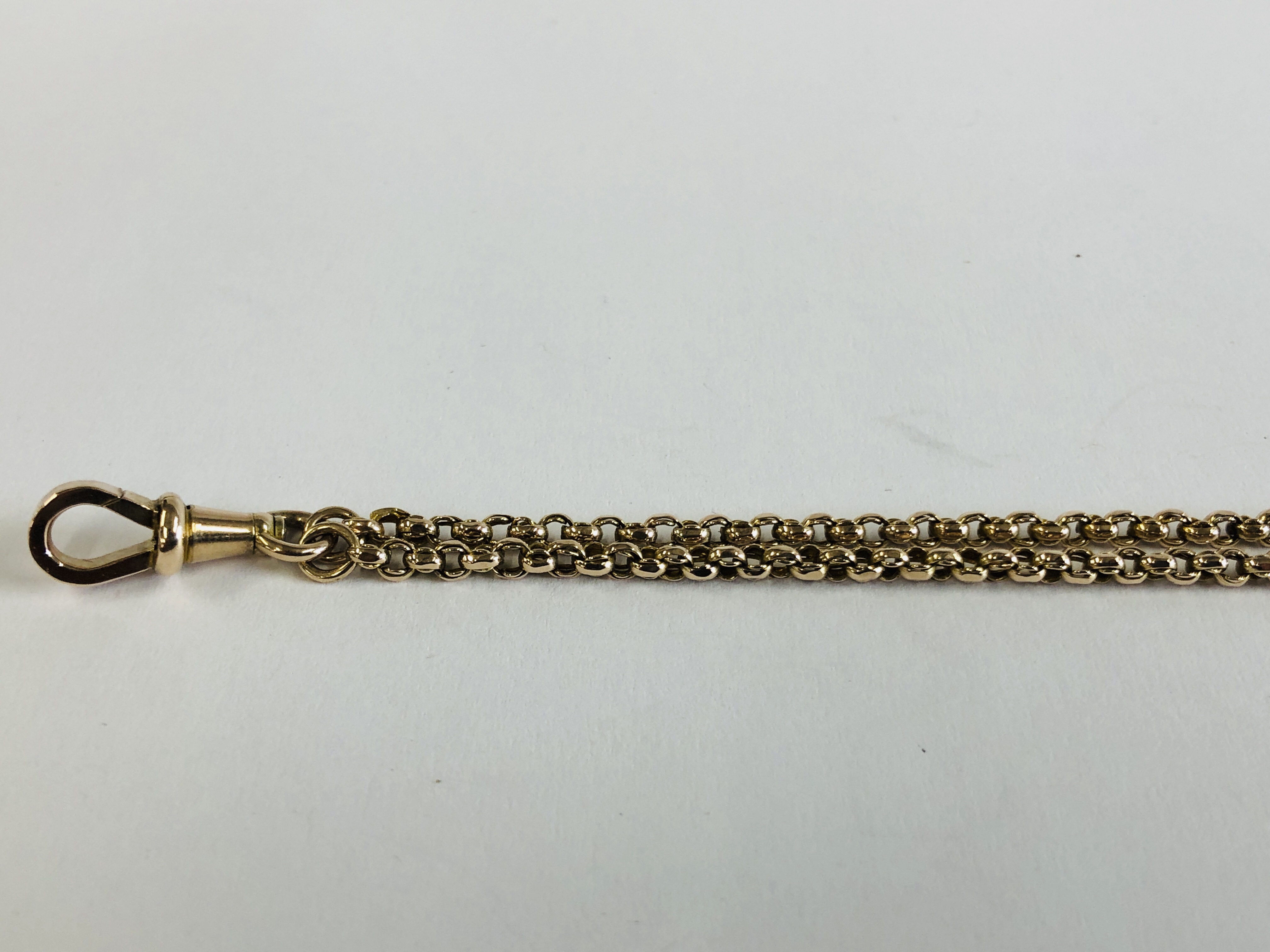 AN ANTIQUE 9CT GOLD FANCY LINK LONG GUARD CHAIN - 156CM. - Image 4 of 14