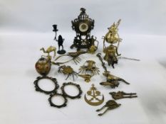 COLLECTION OF BRASS ITEMS TO INCLUDE MANTEL CLOCK, LOBSTERS, INDIAN ELEPHANTS,