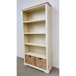 MODERN WHITE FINISH FULL HEIGHT OPEN BOOKSHELF WITH TWO BASKET DRAWEARS TO BASE - W 90CM X D 30CM X