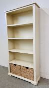 MODERN WHITE FINISH FULL HEIGHT OPEN BOOKSHELF WITH TWO BASKET DRAWEARS TO BASE - W 90CM X D 30CM X