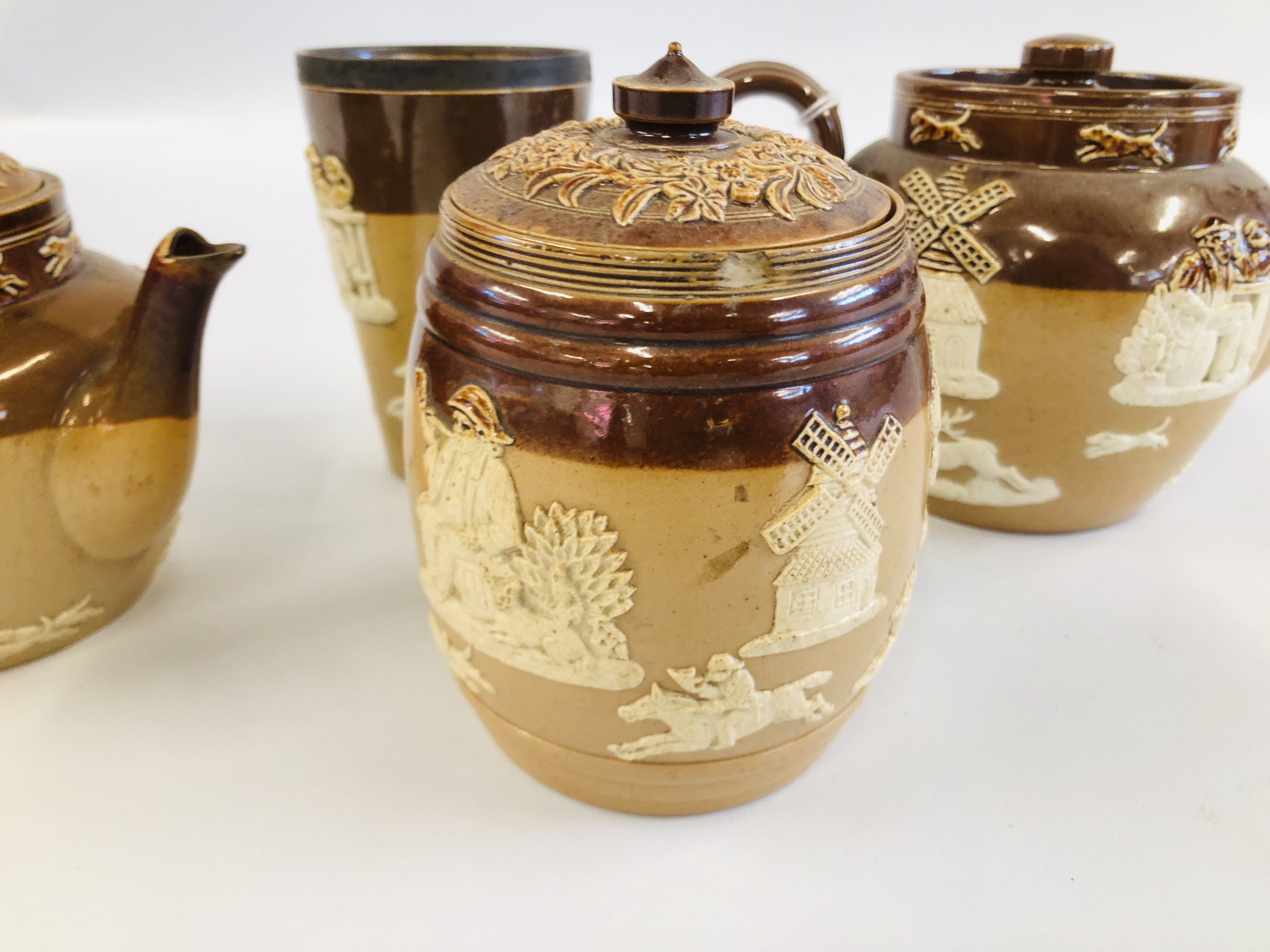 FOUR PIECES DOULTON TO INCLUDE TWO TEA POTS, TOBACCO JAR AND SILVER RIMMED BEAKER A/F. - Image 3 of 7