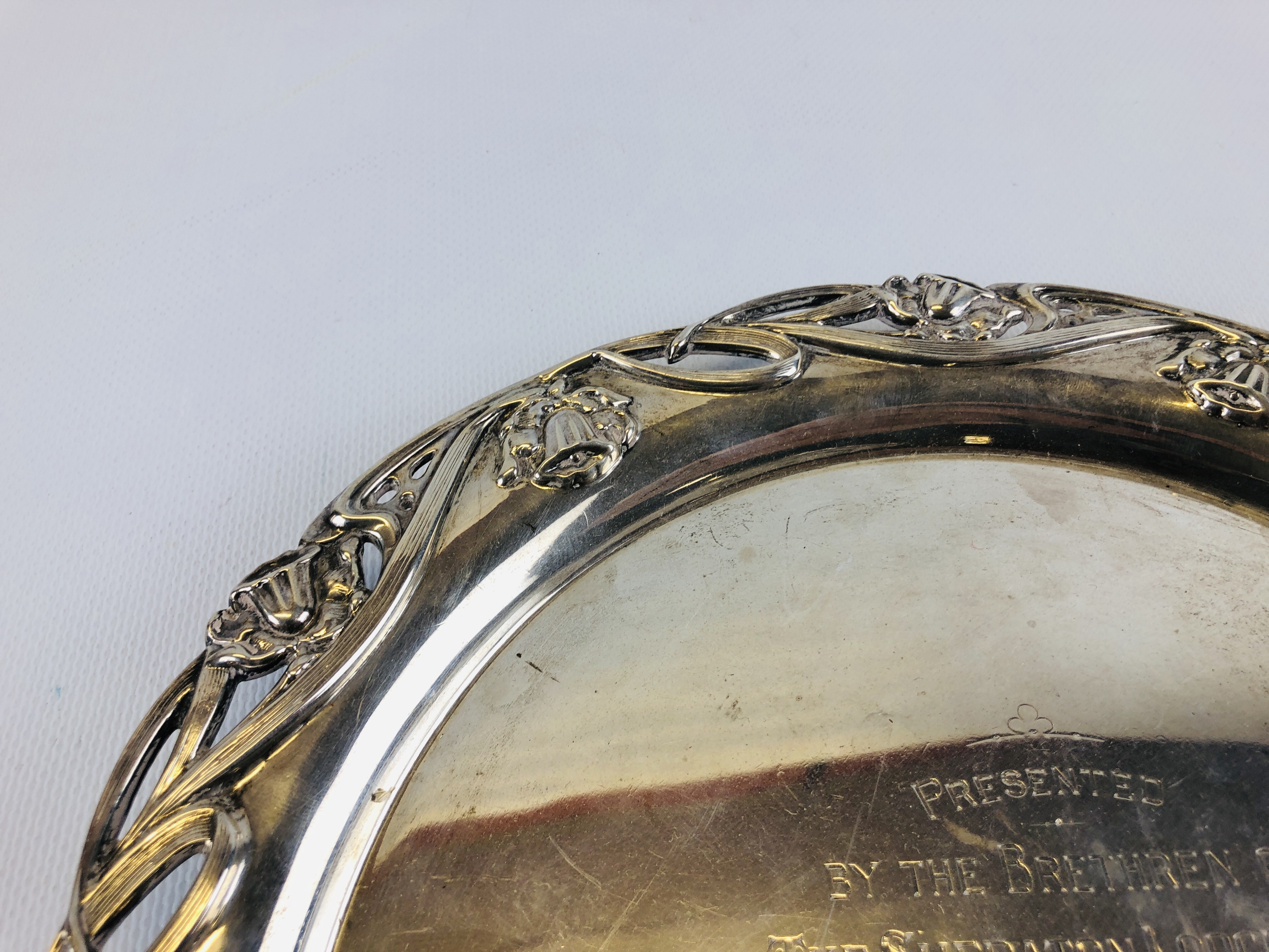 SILVER SALVER PEARCE BORDER AND ENGRAVED WILLIAM HUTTON AND SON SHEFFIELD 1905. - Image 6 of 11
