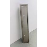 STEEL SHOTGUN SECURITY CABINET (REPAIR REQUIRED TO BASE).